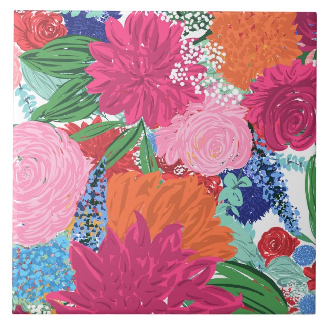 Pretty Hand Painted Colorful Flowers Tile (Front)