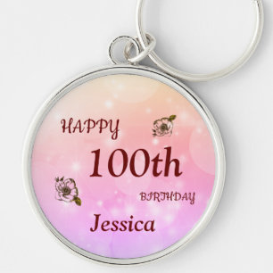 Pretty Happy 100th Birthday Personalised Key Ring