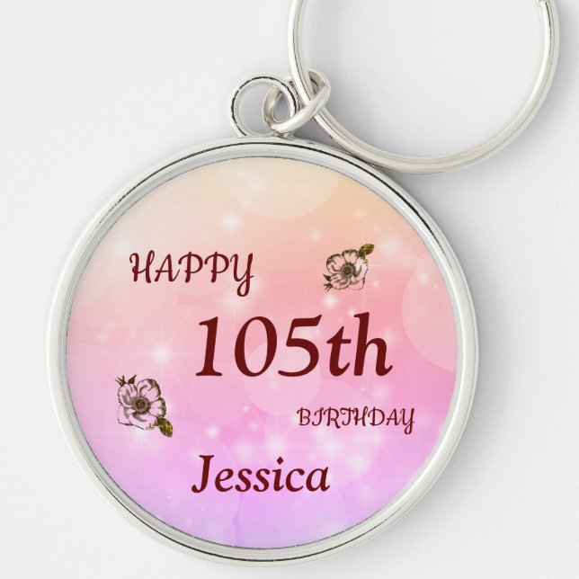 Pretty Happy 105th Birthday Personalised Key Ring (Front)