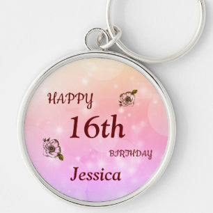 Pretty Happy 16th Birthday Personalised Key Ring