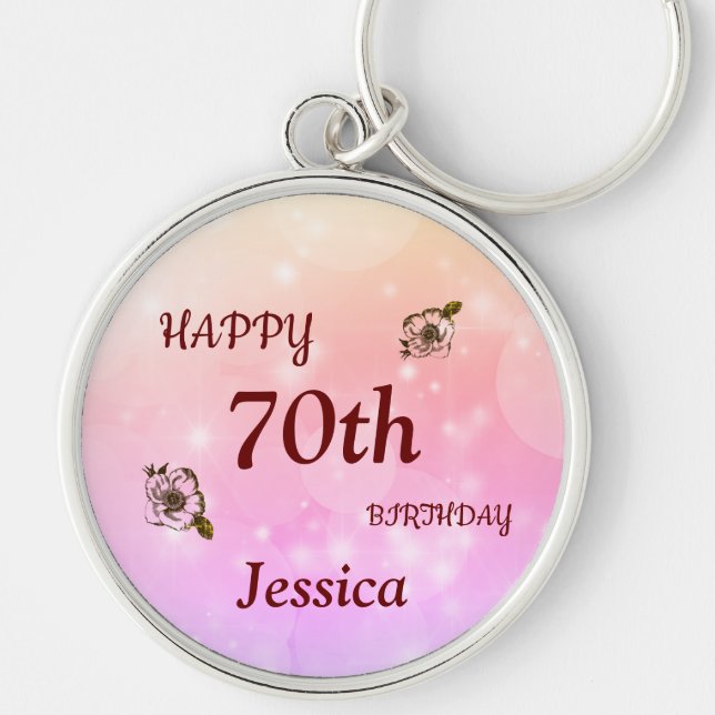 Pretty Happy 70th Birthday Personalized Key Ring (Front)