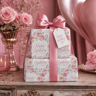 Pretty Happy Birthday Silver Pink Roses Wrapping Paper