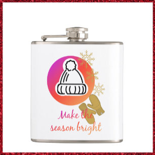 Pretty Hat and Mittens Winter Season Bright Hip Flask