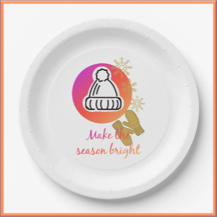 Pretty Hat and Mittens Winter Season Bright Paper Plate