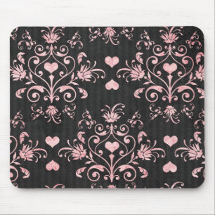 pretty heart pink damask on washed black mouse pad