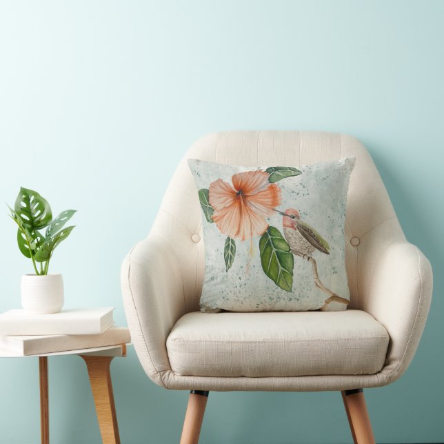 Pretty Hibiscus and Cute Bird Throw Pillow (Chair)