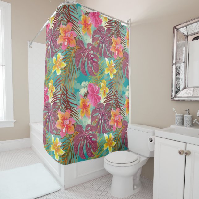 Pretty hibiscus painted tropical shower curtain (In Situ)