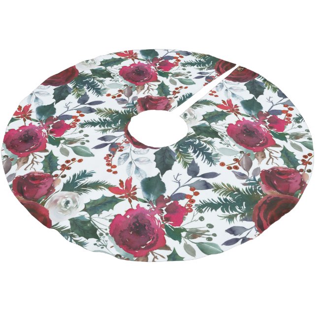 Pretty Holiday Grenadine Red Mistletoe Christmas Brushed Polyester Tree Skirt (Angled)