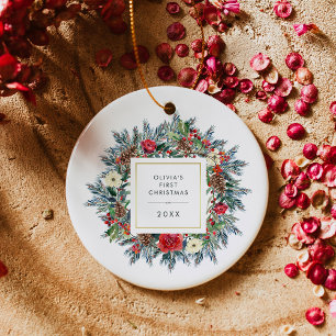 Pretty Holiday Wreath   Baby's First Christmas Ceramic Tree Decoration
