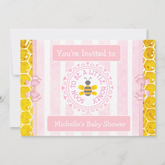 Pretty Honey Bee Pink Girl's Baby Shower Invites (Front)