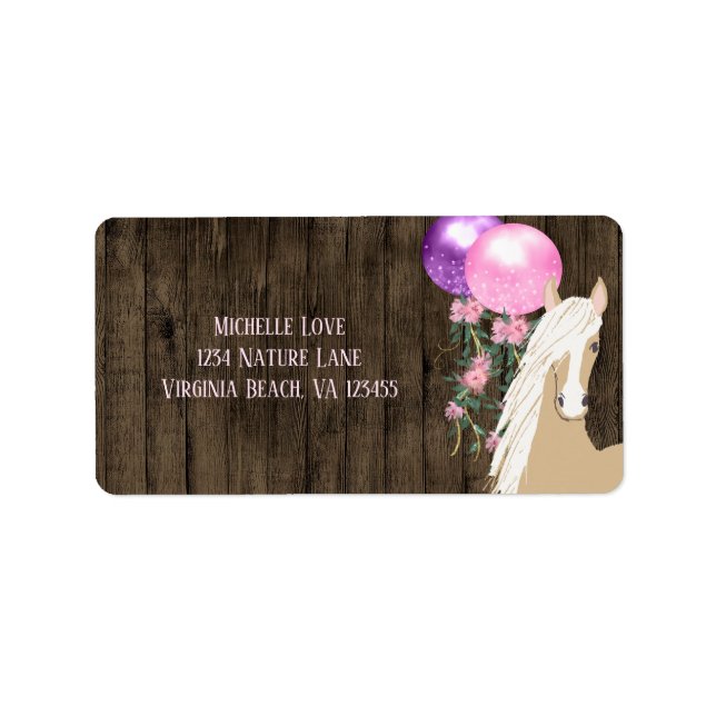 Pretty Horse and Balloons on Barnwood Address Label (Front)