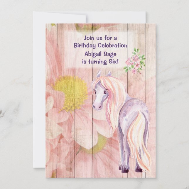Pretty Horse and Daisies on Barn Wood Birthday Invitation (Front)