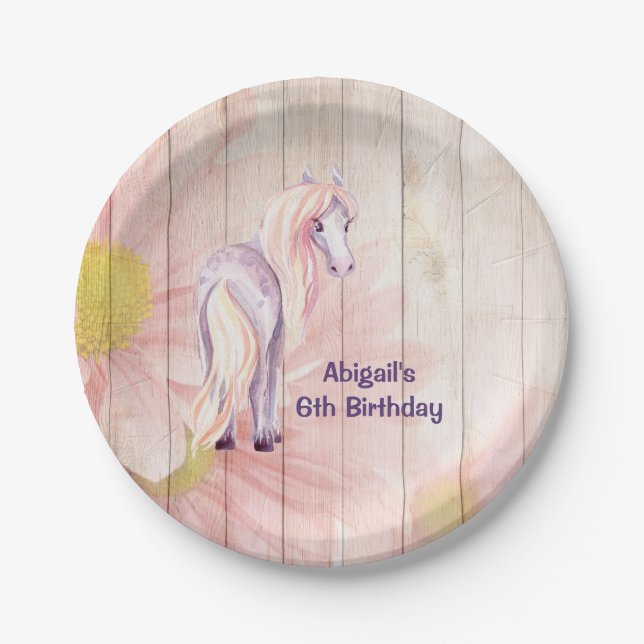Pretty Horse and Daisies on Barn Wood Birthday Paper Plate (Front)