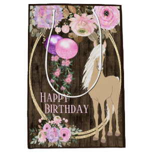 Pretty Horse and Flowers on Barnwood Birthday Medium Gift Bag