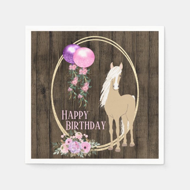 Pretty Horse and Flowers on Barnwood Birthday  Napkin (Front)