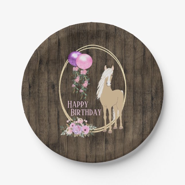 Pretty Horse and Flowers on Barnwood Birthday Paper Plate (Front)