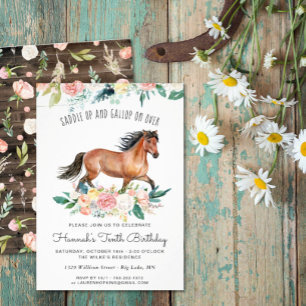 Pretty Horse and Flowers on Rustic Wood Birthday Invitation