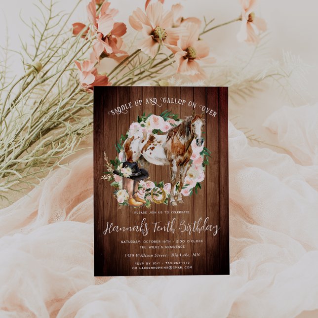 Pretty Horse and Flowers on Rustic Wood Birthday  Invitation (Creator Uploaded)