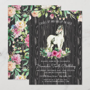 Pretty Horse and Flowers on Rustic Wood Birthday Invitation