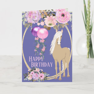 Pretty Horse and Flowers Pink Periwinkle Birthday Card