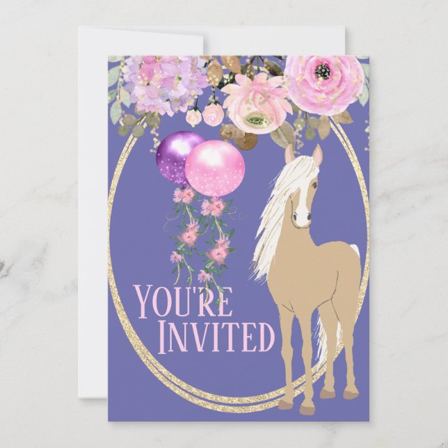 Pretty Horse and Flowers Pink Periwinkle Birthday Invitation (Front)