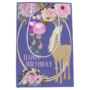 Pretty Horse and Flowers Pink Periwinkle Birthday Medium Gift Bag