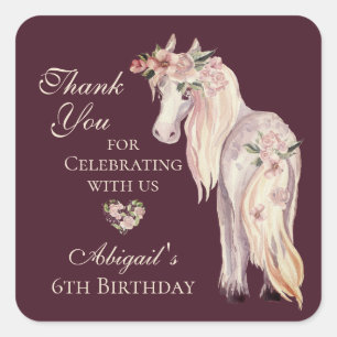 Pretty Horse and Flowers Pony Thank You Birthday Square Sticker