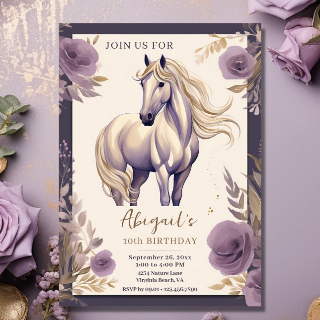 Pretty Horse and Flowers Purple and Gold Birthday Invitation (Front - Pretty Horse and Flowers Purple and Gold Birthday Invitation)