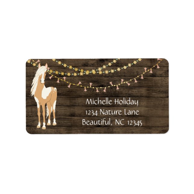Pretty Horse and Flowers Rustic Wood Address Label (Front)