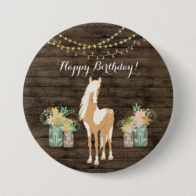 Pretty Horse and Flowers Rustic Wood Birthday 7.5 Cm Round Badge (Front)