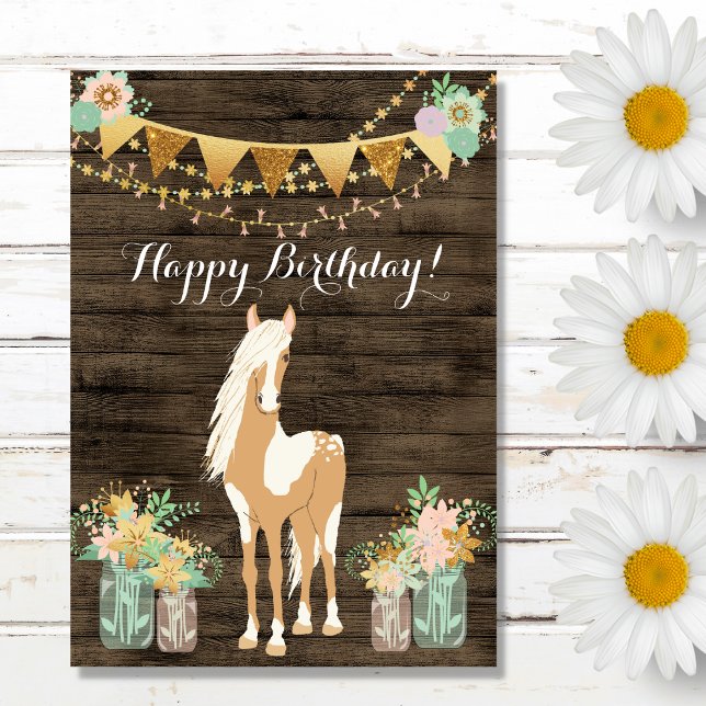 Pretty Horse and Flowers Rustic Wood Birthday Card (Creator Uploaded)
