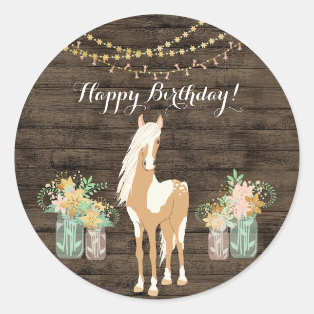 Pretty Horse and Flowers Rustic Wood Birthday Classic Round Sticker (Front)