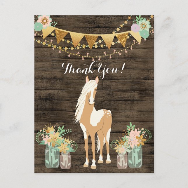 Pretty Horse and Flowers Rustic Wood Thank You Postcard (Front)