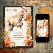 Pretty Horse and Peach Flowers Watercolor Birthday