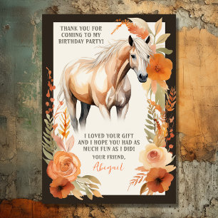 Pretty Horse and Peach Flowers Watercolor Birthday Thank You Card
