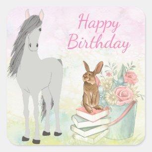 Pretty Horse, Bunny and Flowers Happy Birthday Square Sticker