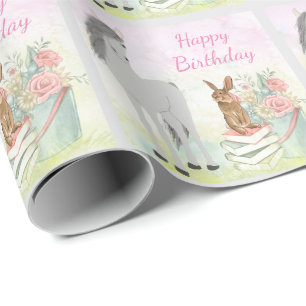 Pretty Horse, Bunny and Flowers Happy Birthday Wrapping Paper