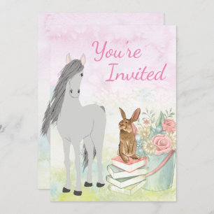 Pretty Horse, Bunny, Flowers and Books Birthday Invitation