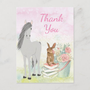 Pretty Horse, Bunny, Flowers and Books Thank You Postcard