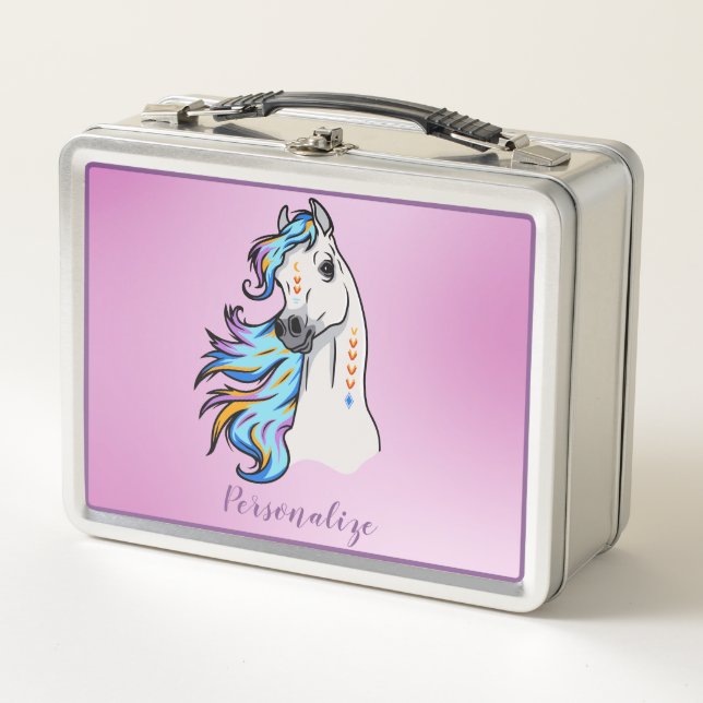 Pretty Horse Illustration Pastel Mane Personalised Metal Lunch Box (Front)