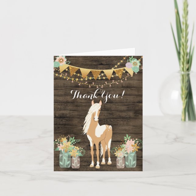 Pretty Horse n Flowers Rustic Wood Thank You Card (Front)