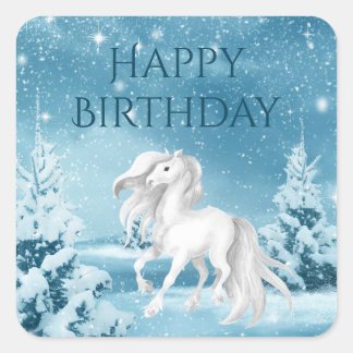 Pretty Horse on Snowy Winter Night Happy Birthday Square Sticker
