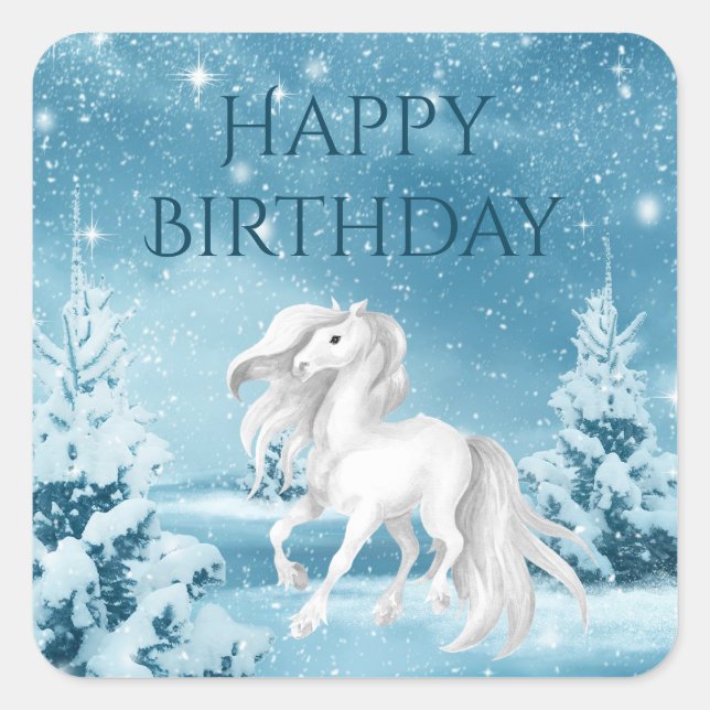 Pretty Horse on Snowy Winter Night Happy Birthday Square Sticker (Front)