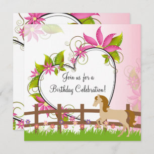 Pretty Horse, Pink Flowers and Heart Birthday Invitation