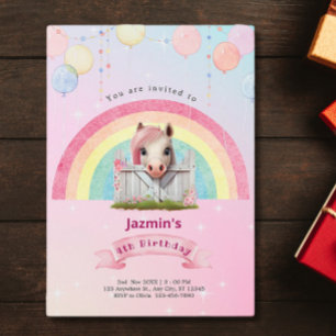 Pretty Horse Pink Rainbow Balloons Birthday Party Invitation