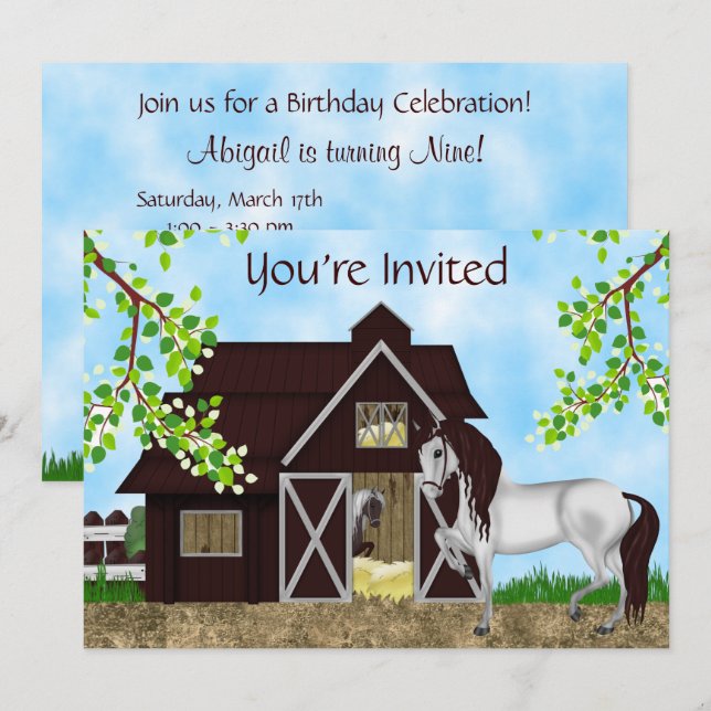 Pretty Horses, Barn and Trees Birthday Party Invitation (Front/Back)