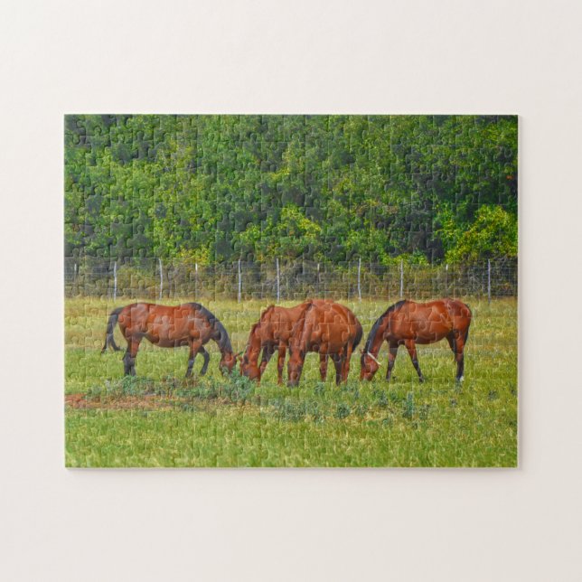 Pretty Horses Grazing in a Texas Pasture Peaceful  Jigsaw Puzzle (Horizontal)