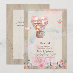 Pretty Hot Air Balloon Animals Baby Girl Shower Invitation