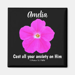 Pretty Hot Pink and Black Flower Bible Verse Name Magnet