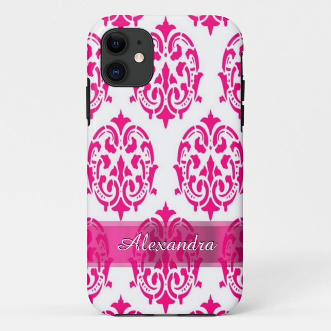 Pretty hot pink and white personalised damask Case-Mate iPhone case (Back)